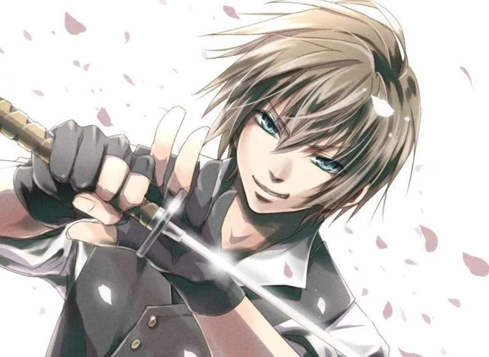 Chàng trai anime cầm kiếm với biểu cảm tự tin