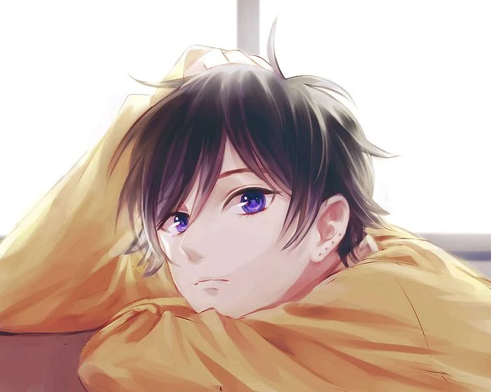 Chàng trai anime tóc đen nằm nghỉ ngơi thư giãn