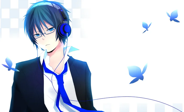 Chàng trai anime đeo tai nghe nghe nhạc bên những cánh bướm