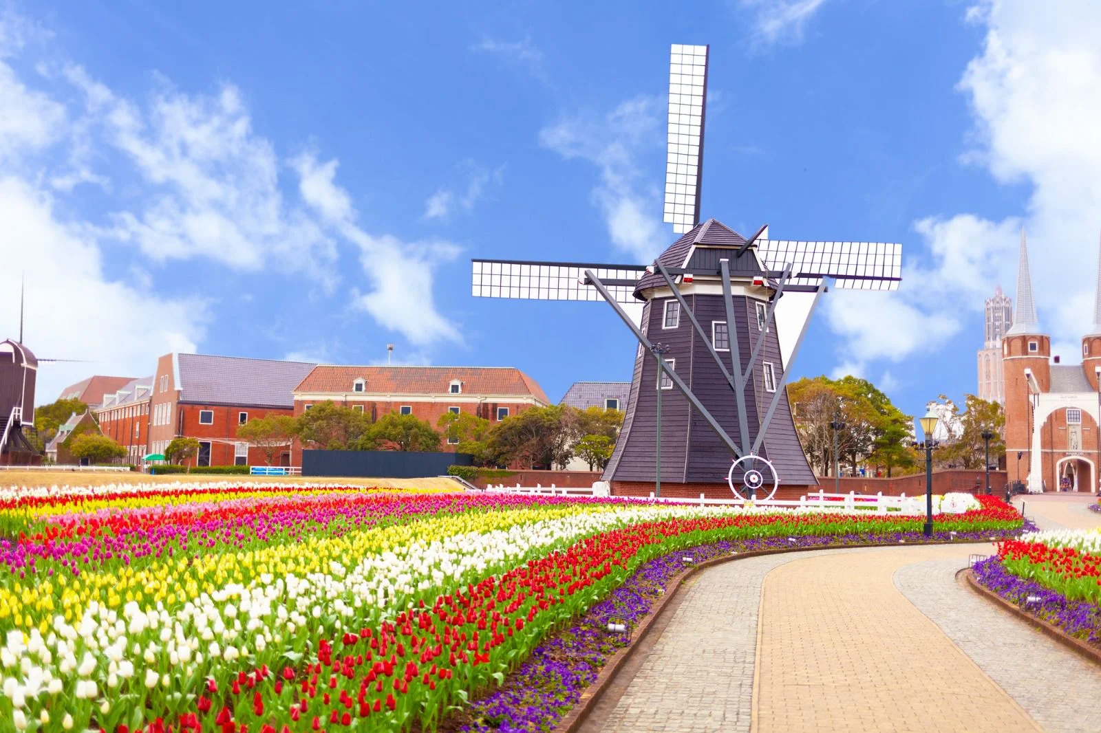 Tranh dán tường phong cảnh cối xay gió giữa cánh đồng hoa tulip rực rỡ dưới bầu trời xanh