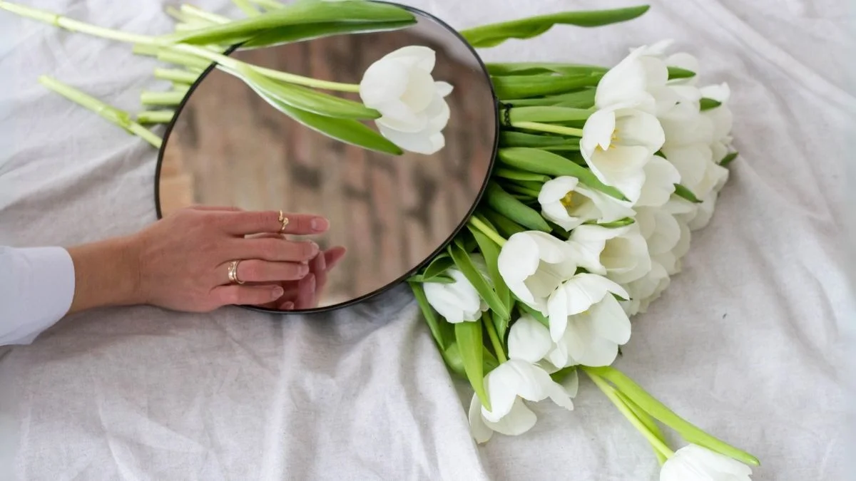 Hình nền hoa Tulip trắng cùng với gương