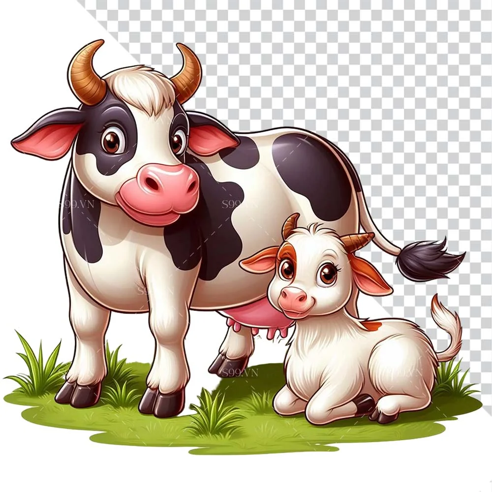 Hình minh họa mẹ bò và bò con trên cỏ