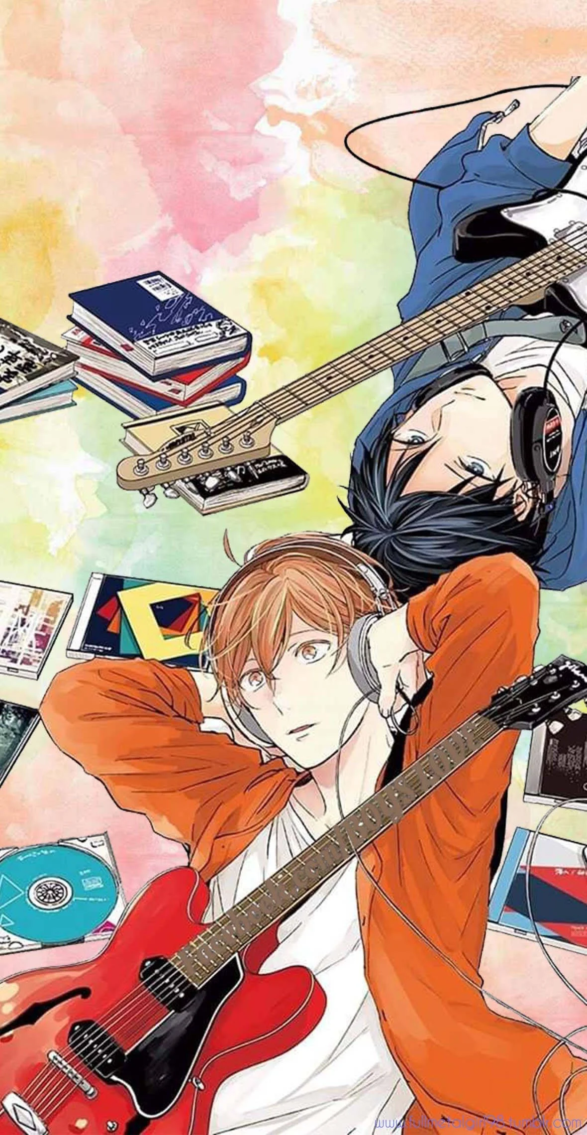 Minh họa anime hai chàng trai chơi guitar giữa những cuốn sách và nhạc cụ