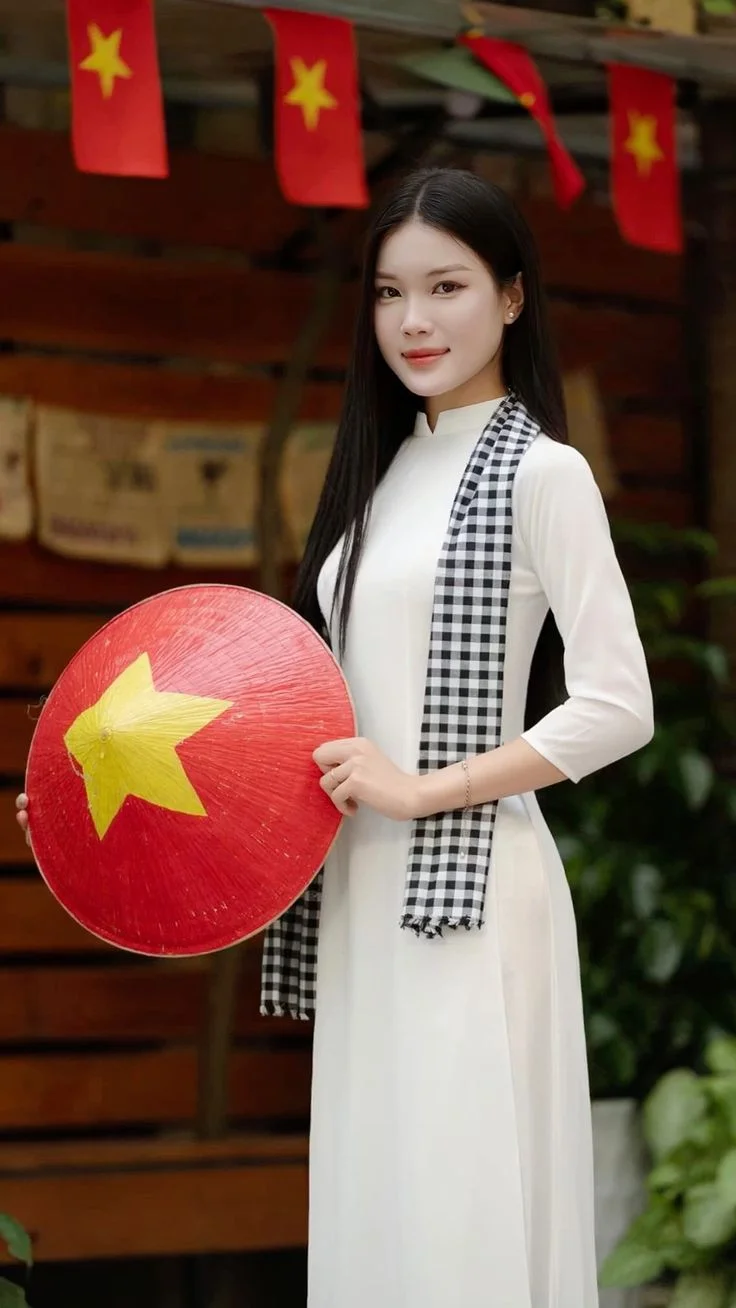 Gái đẹp Việt Nam mặc áo dài trắng cầm nón lá truyền thống.