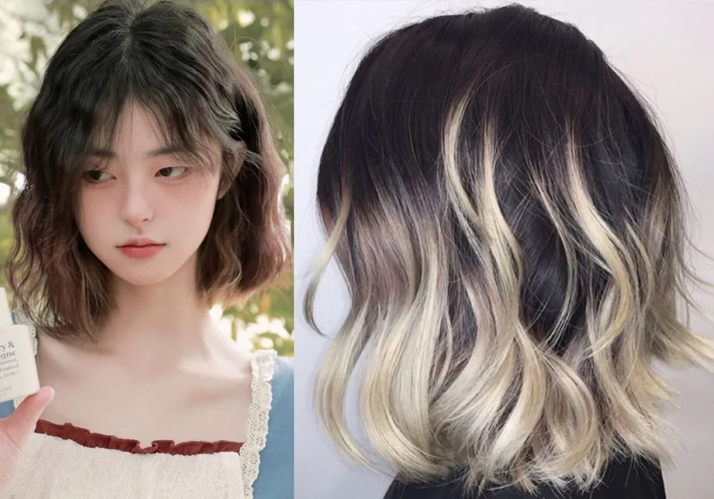 Tóc xoăn ngắn nữ nhuộm màu ombre