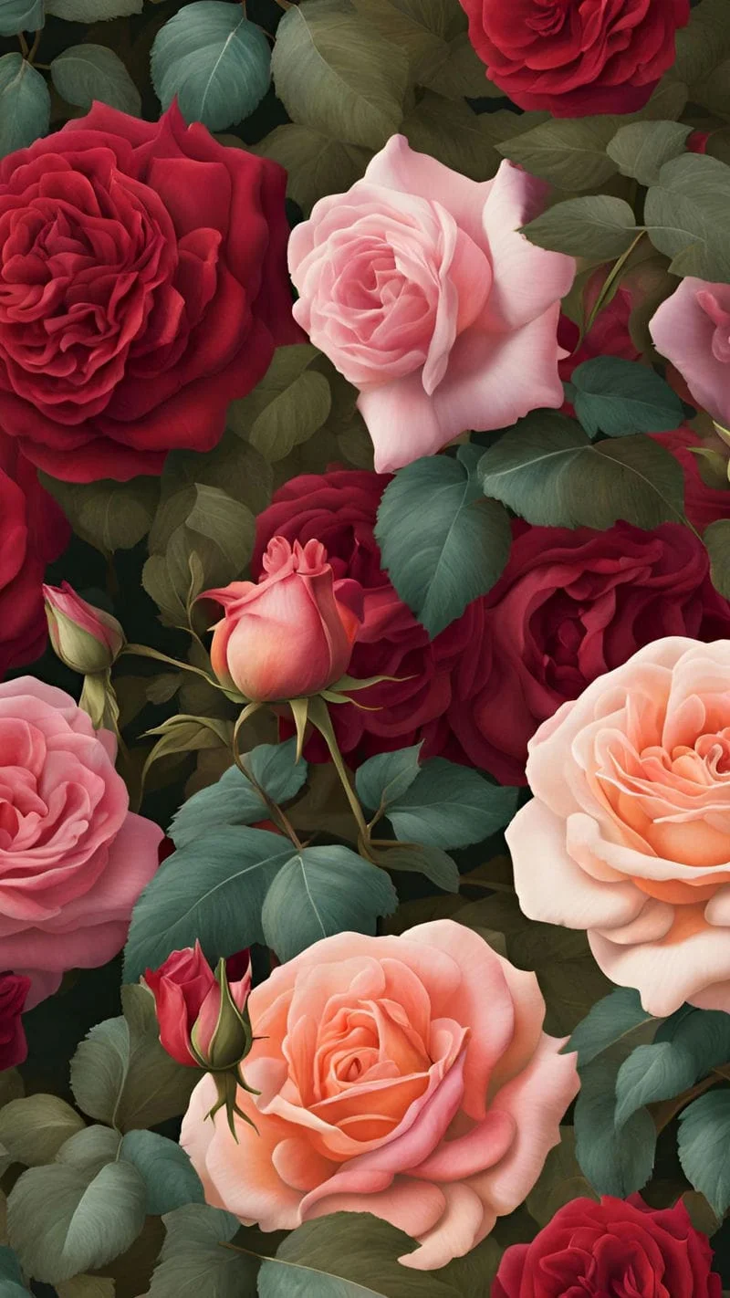 Hình nền hoa hồng nghệ thuật với hoa hồng đỏ, hồng phấn và kem xen lá xanh