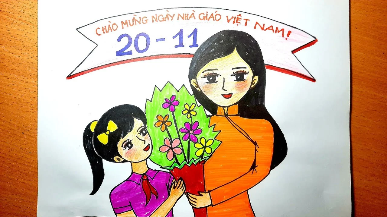 Hướng dẫn vẽ tranh 20 11 đơn giản đẹp lớp 3 tặng cô giáo (2)