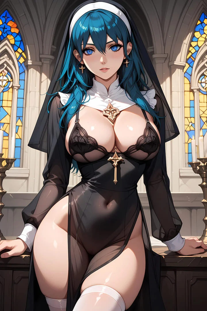Hình ảnh anime hentai nữ tu với mái tóc xanh và trang phục gợi cảm trong nhà thờ