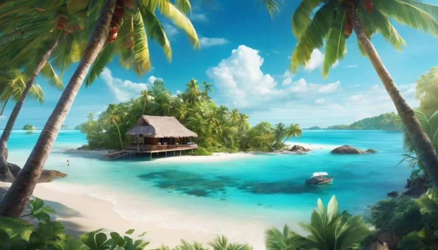 Top 36 ảnh đại diện đẹp với phong cảnh đảo nhiệt đới, bãi biển cát trắng, hàng dừa và bungalow giữa làn nước xanh ngọc