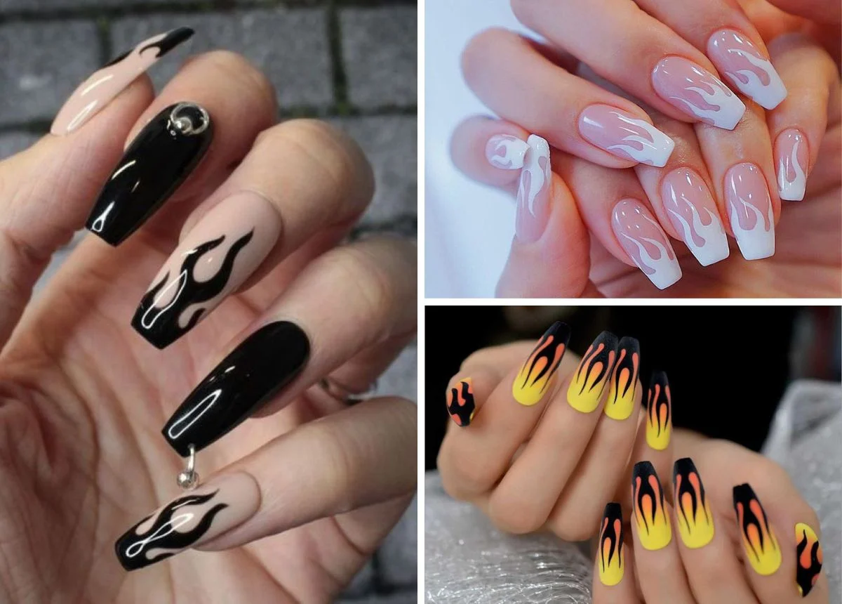 Mẫu nail đẹp màu đen với họa tiết ngọn lửa trắng, hồng và vàng nổi bật