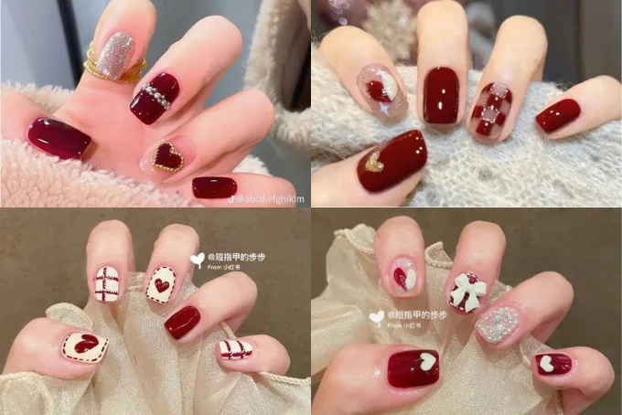 Mẫu nail đẹp đỏ trắng với họa tiết caro, hoa và hình trái tim