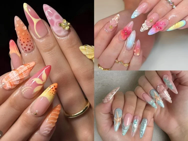 Mẫu nail đẹp nhiều màu dáng dài với họa tiết hoa và vân đá