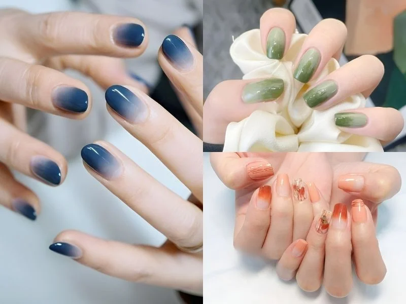 Nail ombre xanh, cam đỏ đơn giản