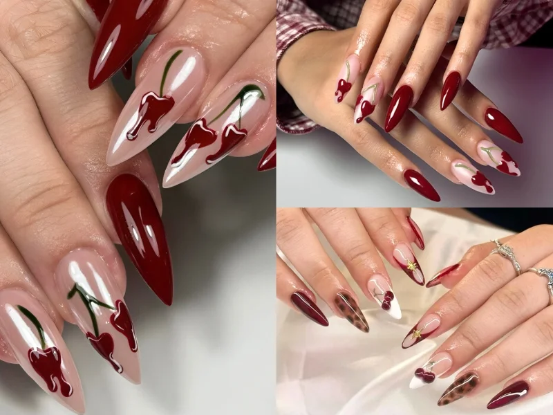 Mẫu nail đẹp màu đỏ rượu vang với họa tiết ngọn lửa và móng nhọn sang trọng