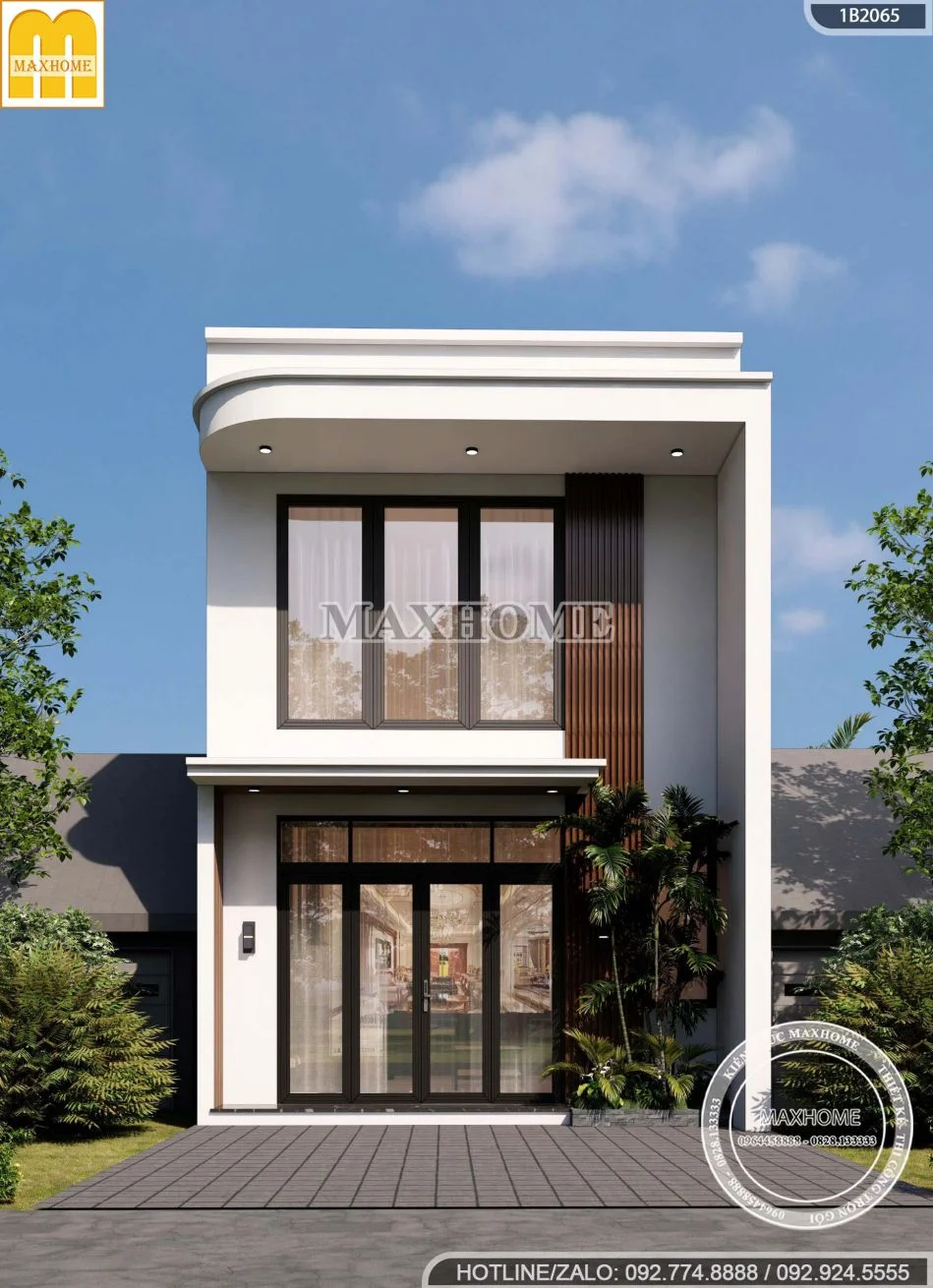 Phối cảnh mẫu nhà gác lửng đẹp hiện đại với thiết kế mặt tiền sang trọng