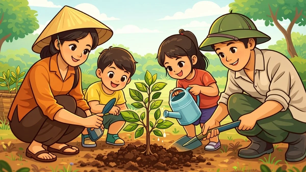 Cartoon illustration of a family planting a tree