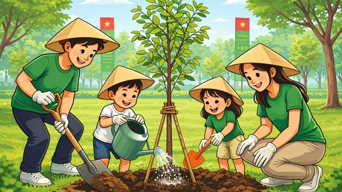 Minh họa gia đình trồng cây có cờ Việt Nam, hình ảnh trồng cây