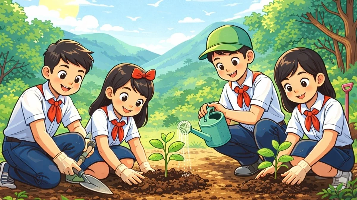 Trẻ em hoạt họa trồng cây xanh, hình ảnh trồng cây cho học sinh