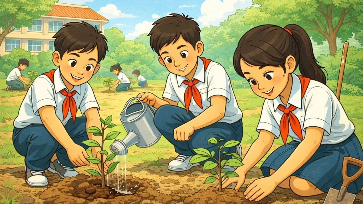 Cartoon illustration of children planting trees