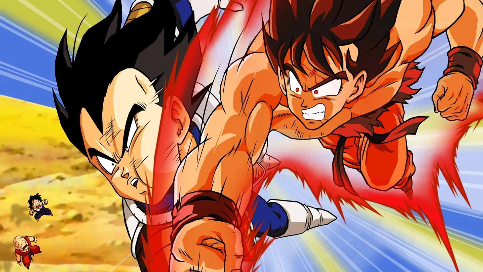 Ảnh meme cute Goku và Vegeta giao chiến với các nhân vật chibi nhỏ ở phía sau