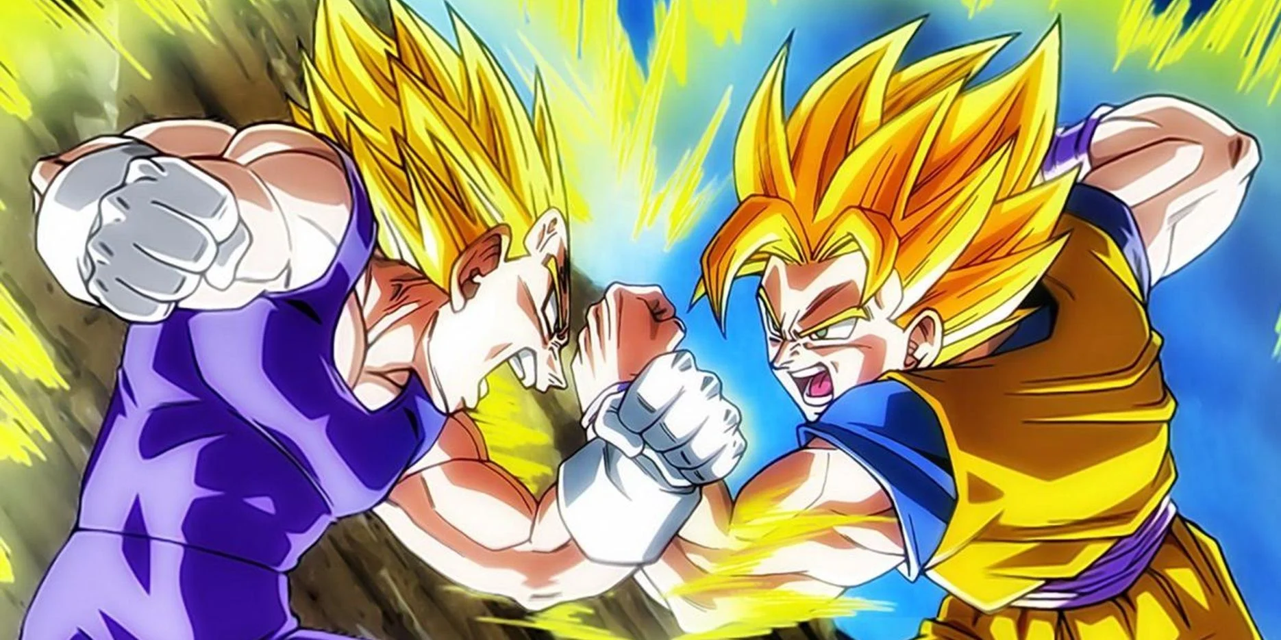 Ảnh meme cute phong cách anime với hai chiến binh Super Saiyan đối đầu và tung nắm đấm giữa hiệu ứng năng lượng rực sáng