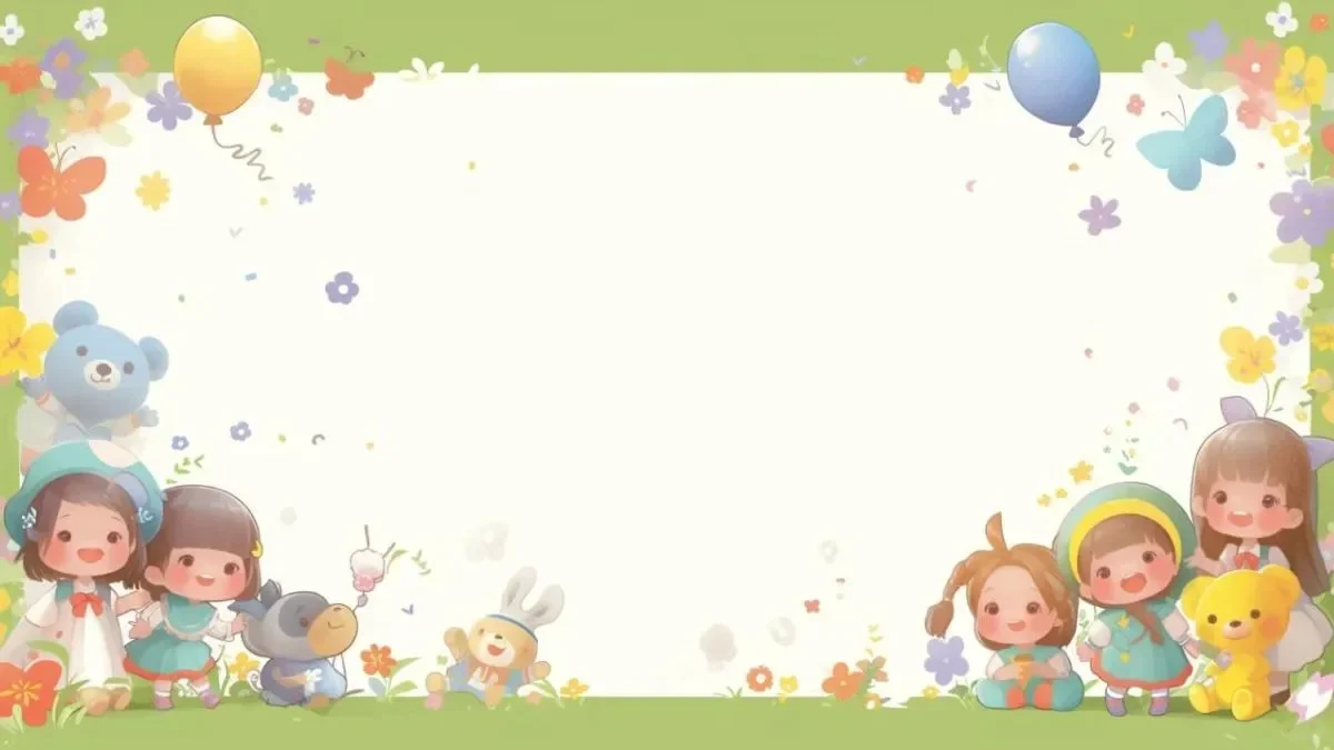Nền PowerPoint đẹp phong cách hoạt hình thiếu nhi với hoa pastel, bóng bay, các bé và thú bông