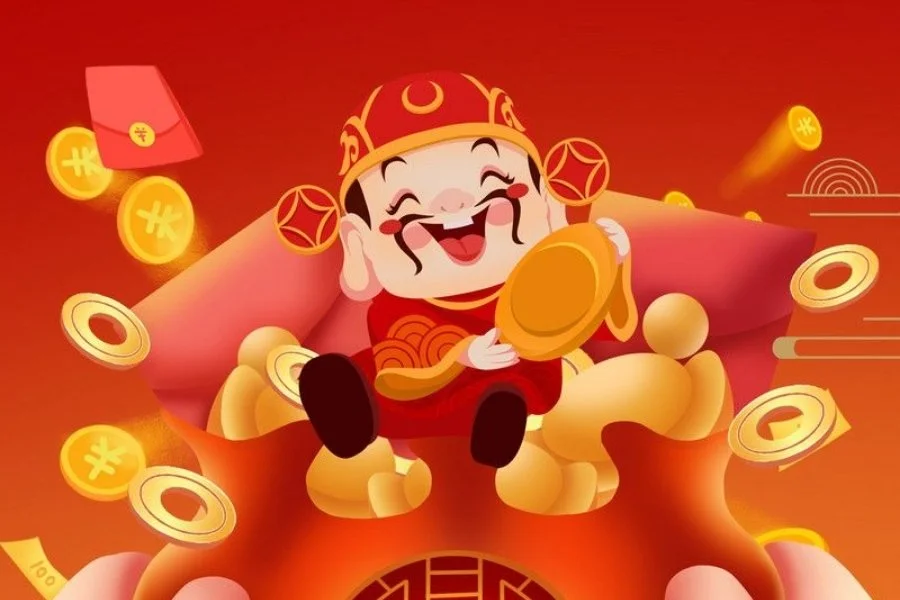 Hình nền Thần Tài đỏ vàng cùng tiền vàng và biểu tượng may mắn