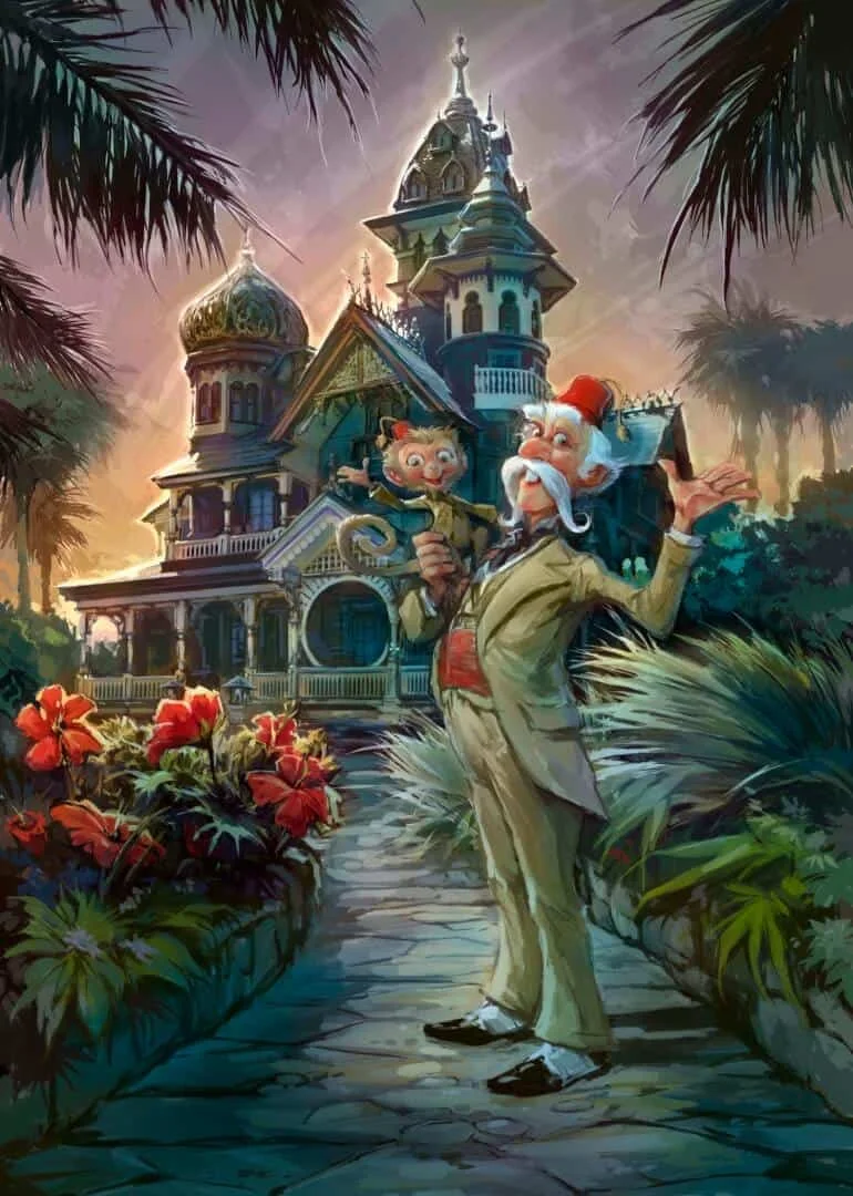 Minh họa lâu đài fantasy với nhân vật giữa khu vườn, bối cảnh game bắn súng