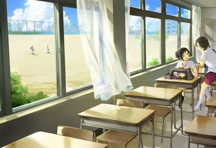 Hình ảnh lớp học anime với dãy bàn ghế gỗ trống bên cửa sổ nhìn ra sân trường