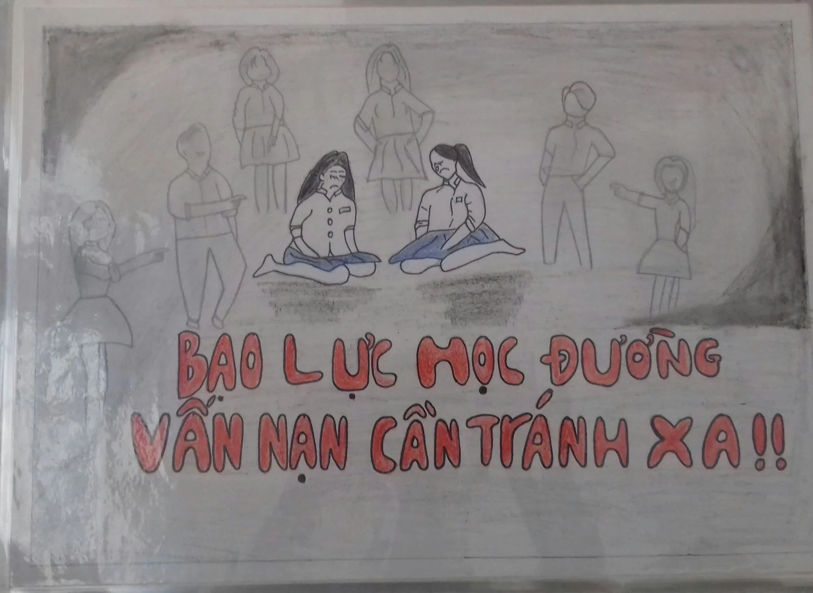 Tranh vẽ bạo lực học đường vẫn năn năn cần tranh xa, phác thảo học sinh buồn với chữ đỏ nổi bật