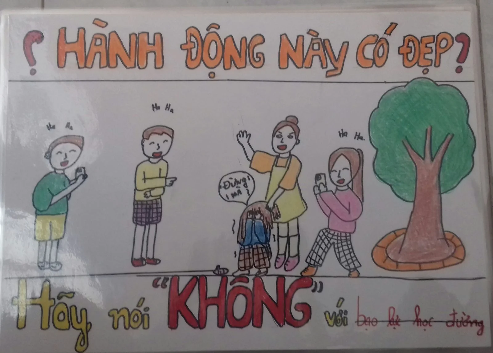 Tranh vẽ học đường với câu hỏi Hành động này có đẹp, nhắn tin hãy nói không với bạo lực học đường