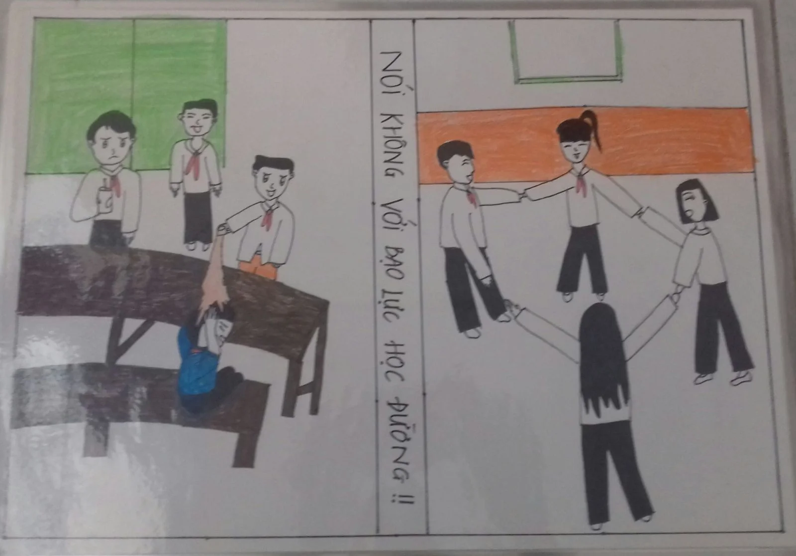 Tranh vẽ nói không với bạo lực học đường, hai cảnh tương phản giữa bắt nạt và tình bạn kết nối