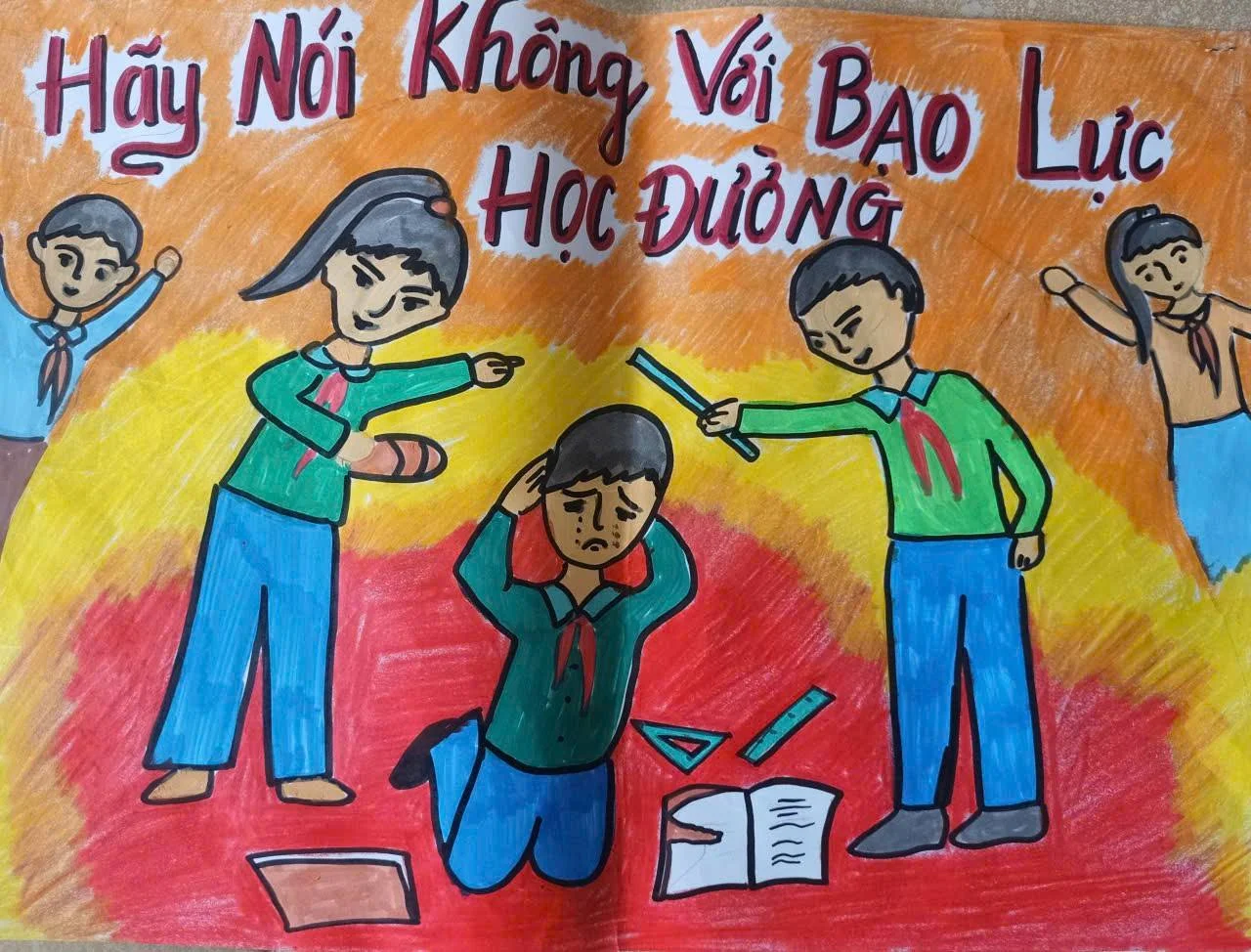 Tranh vẽ nói không với bạo lực học đường, cảnh học sinh bị bắt nạt với dòng chữ Hãy nói không với bạo lực học đường
