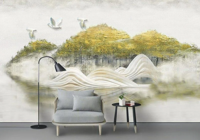 Bức tranh dán tường 3D họa tiết đồi núi trừu tượng điểm xuyết sắc vàng làm tôn lên nét hiện đại, độc đáo cho căn phòng.