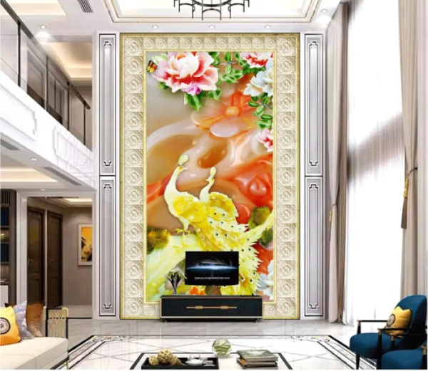 Tranh đôi công vàng và hoa mẫu đơn