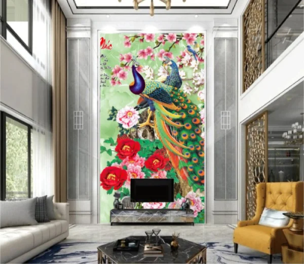 Tranh con công và hoa mẫu đơn đỏ hồng