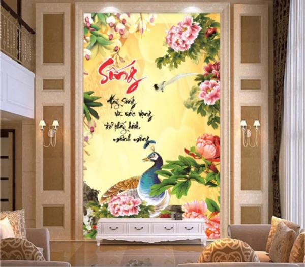 Tranh con công và hoa mẫu đơn màu đỏ sắc màu