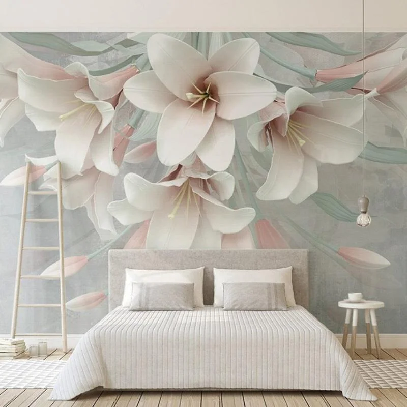 Tranh dán tường họa tiết hoa 3D với tông màu nhẹ nhàng mang lại cảm giác thư thái, thanh lịch cho phòng ngủ.