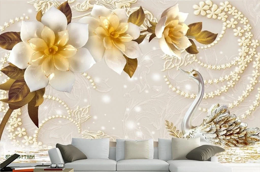 Tranh dán tường 3D họa tiết hoa và thiên nga sang trọng