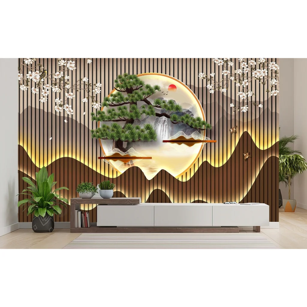 Tranh Lụa giả lam sóng 3D dán tường phòng khách đẹp [Keo dán tặng kèm]