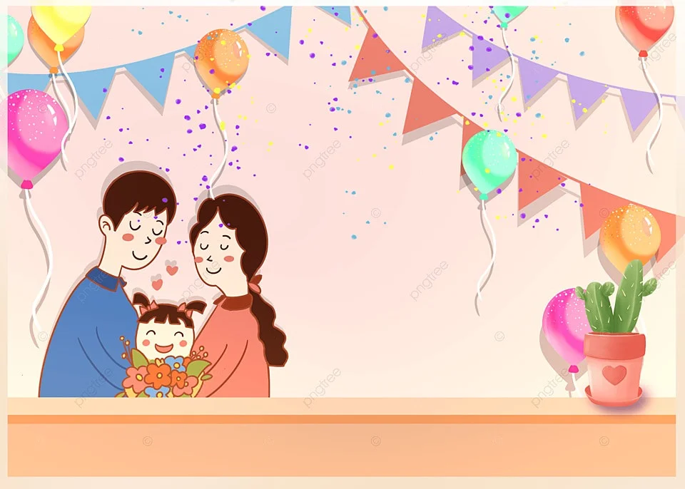 Gia đình hạnh phúc trong bữa tiệc với bóng bay minh họa hình ảnh gia đình