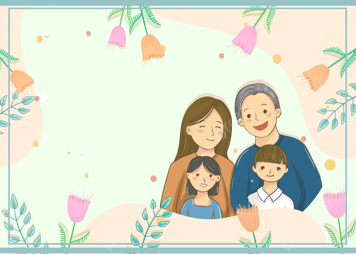 Tranh minh họa gia đình hạnh phúc với khung hoa