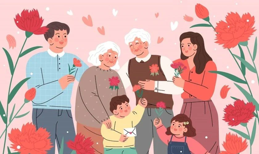 Hình ảnh gia đình hạnh phúc nhiều thế hệ trong ngày lễ với hoa cẩm chướng