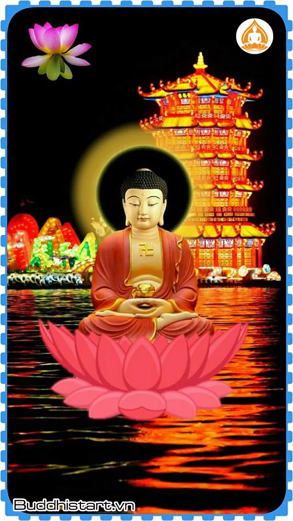 Hình nền phật ngồi thiền trên hoa sen với ánh sáng rực rỡ và không gian tâm linh thanh tịnh.